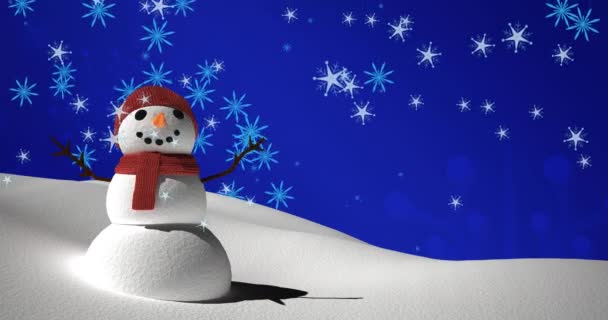 Animação Queda Flocos Neve Sobre Boneco Neve Paisagem Inverno Natal — Vídeo de Stock