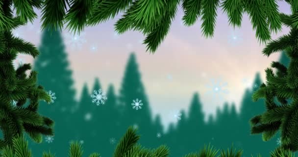 Animation Fir Trees Snow Falling Christmas Winter Landscape Trees Moon — Stock Video