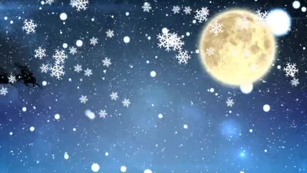 Animation Santa Claus Sleigh Reindeer Christmas Snow Falling Moon Sky — Stock Video