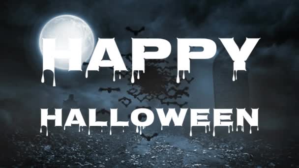 夜になると月やコウモリが墓地に飛んでくるという 幸せなハロウィン ハロウィンお祝いのコンセプト — ストック動画