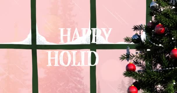 Animation Von Frohen Feiertagen Text Über Weihnachten Winterlandschaft Mit Tannenbäumen — Stockvideo
