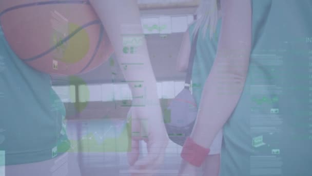 Animace Zpracování Finančních Dat Přes Různé Skupiny Ženských Basketbalistů Tělocvičně — Stock video