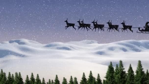 雪と冬の風景の上にトナカイとそりでサンタクラスのアニメーション クリスマス お祝いのコンセプトをデジタルで — ストック動画