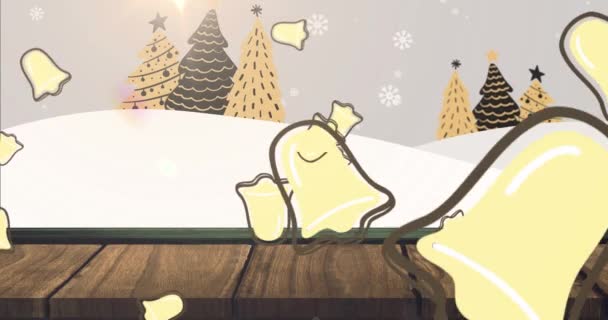 クリスマスツリーや冬の風景に落ちる雪や鐘のアニメーション クリスマス お祝いのコンセプトをデジタルで — ストック動画