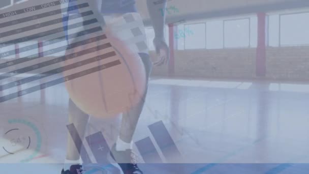 ジムでのアフリカ系アメリカ人バスケットボール選手に対する財務データ処理のアニメーション スポーツ ビジネス データ処理 デジタルインターフェースの概念がデジタルで生成されたビデオ — ストック動画