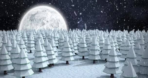 Animation Von Schnee Der Über Eine Winternachtslandschaft Mit Tannenbäumen Fällt — Stockvideo