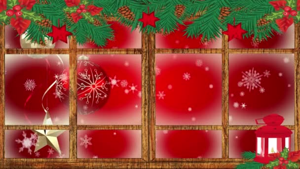 Rote Weihnachtslampe Und Hölzerner Fensterrahmen Gegen Schneeflocken Die Vor Rotem — Stockvideo