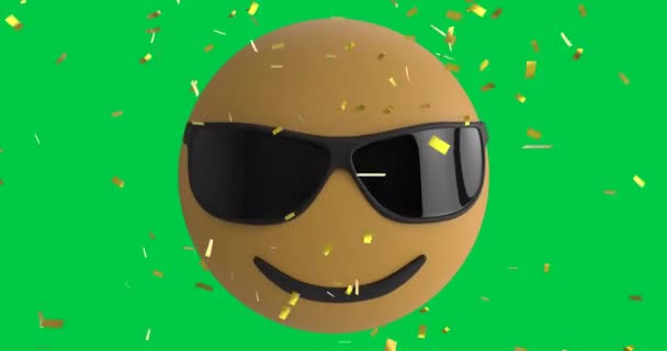Animation Solglasögon Emoji Ikon Över Konfetti Faller Grön Bakgrund Globalt — Stockvideo