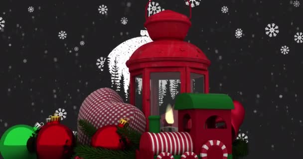 黒い背景に降る雪の上に泡や提灯とクリスマスの装飾のアニメーション クリスマス お祝いのコンセプトをデジタルで — ストック動画
