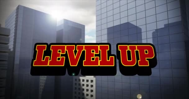 Animación Texto Nivel Superior Letras Rojas Sobre Paisaje Urbano Videojuegos — Vídeo de stock