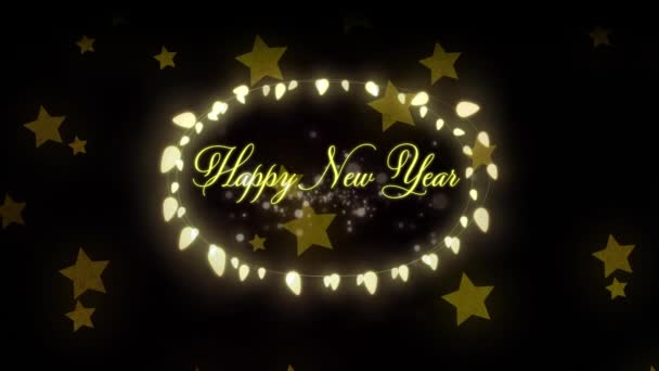 Анимация Счастливого Нового Года Сказочными Огнями Над Звездами Черном Фоне — стоковое видео