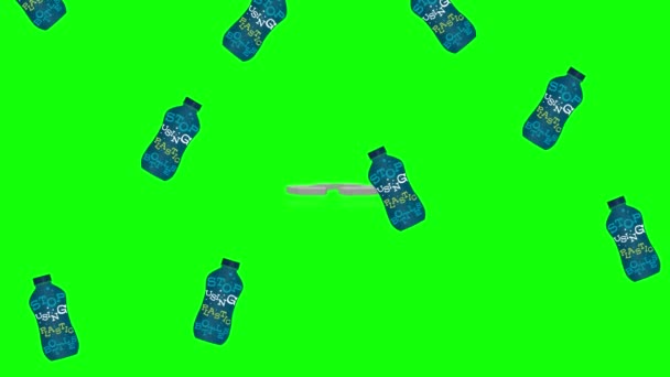 Animacja Butelek Unoszących Się Nad Symbolem Recyklingu Zielonym Tle Środowisko — Wideo stockowe