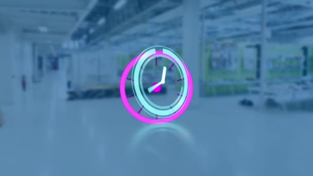 Animación Movimiento Del Reloj Círculos Púrpura Formas Sobre Oficina Fondo — Vídeos de Stock