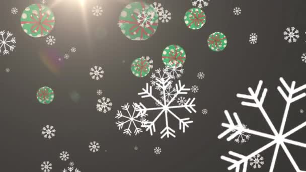 Copos Nieve Iconos Regalo Navidad Cayendo Contra Manchas Luz Sobre — Vídeos de Stock