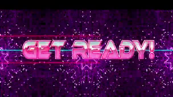 Animation Get Ready Text Purple Καλειδοσκοπικά Σχήματα Μαύρο Φόντο Έννοια — Αρχείο Βίντεο