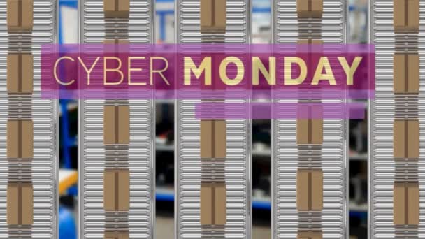 Animatie Van Cyber Maandag Verkoop Tekst Kartonnen Dozen Transportbanden Wereldwijd — Stockvideo