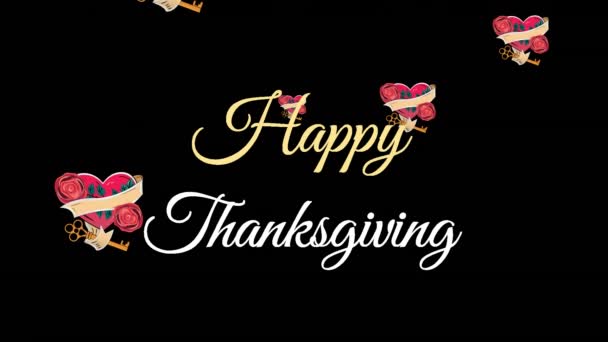 Happy Thanksgiving Text Heart Key Icons Falling Black Background Thanksgiving — Stock Video