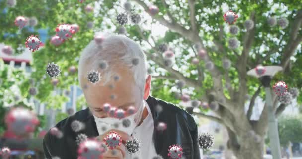 Animation Von Covid Zellen Über Einen Älteren Mann Mit Gesichtsmaske — Stockvideo