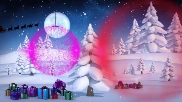 Kleurrijke Kerstversieringen Aan Kerstboom Geschenken Aan Het Winterlandschap Kerstfeest Viering — Stockvideo