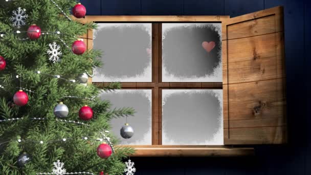 Kerstboom Raam Frame Meerdere Rode Hart Pictogrammen Vallen Tegen Zwarte — Stockvideo