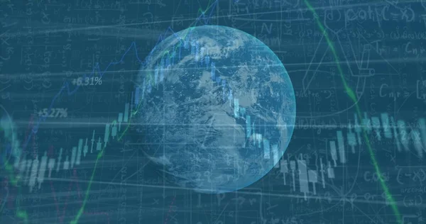 Imagem Processamento Dados Financeiros Sobre Fiação Globo Fórmulas Matemáticas Interface — Fotografia de Stock