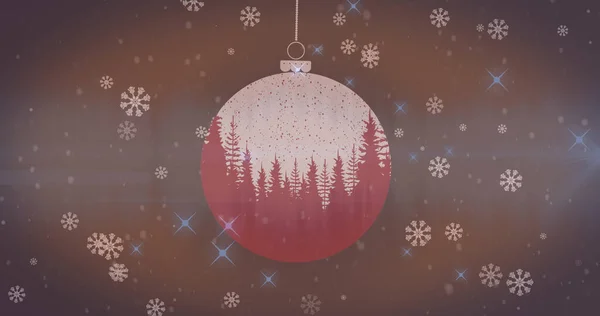 Animatie Van Sneeuw Die Dennenbomen Valt Kerstballen Kerstmis Traditie Viering — Stockfoto
