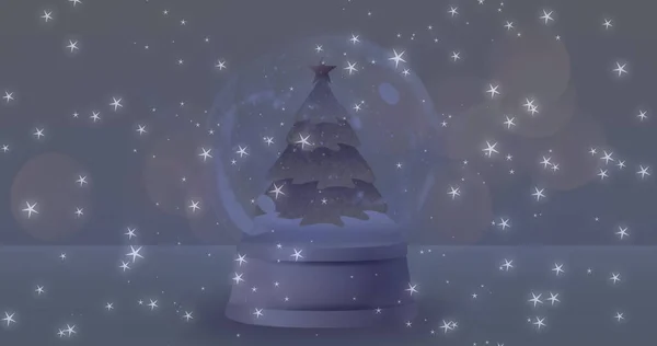 Image Stars Falling Snow Globe Grey Background Christmas Tradition Celebration — Stock Photo, Image