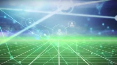 Mavi zemin üzerindeki bağlantı ağlarının ve ışık yollarının animasyonu. küresel bağlantılar, veri işleme ve dijital arayüz konsepti dijital olarak oluşturulmuş video.