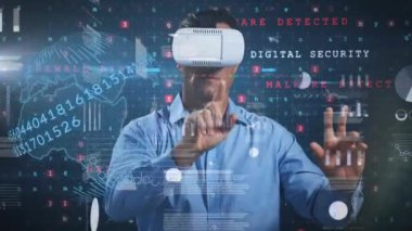 VR kulaklık takan bir adamın üzerindeki bağlantılar ve simgeler ağının animasyonu. küresel bağlantılar, dijital arayüz, teknoloji ve ağ konsepti dijital olarak oluşturulmuş video.
