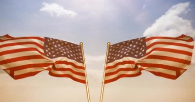 Amerika Birleşik Devletleri 'nin iki bayrağının birleşimi gökyüzünde bulutlarla birlikte. Vatanseverlik, bağımsızlık ve kutlama konsepti dijital olarak oluşturulmuş video.