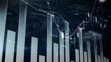 Veri işleme ve şehir manzarası istatistiklerinin animasyonu. küresel veri işleme, dijital arayüz, teknoloji ve ağ konsepti dijital olarak oluşturulmuş video.