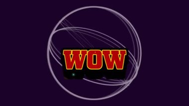 Koyu arkaplanda hareket eden geometrik şekiller üzerinde wow metnin animasyonu. Video oyunu, eğlence ve dijital arayüz kavramı dijital olarak oluşturuldu.