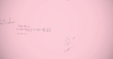 Pembe arka planda matematiksel denklemlerin animasyonu. küresel eğitim, bağlantılar, veri işleme ve teknoloji konsepti dijital olarak oluşturulmuş video.