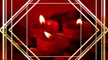 Altın dekoratif çerçeve tasarımı kırmızı arka planda birden fazla yanan mum üzerinde. Şenlik ve kutlama kavramı
