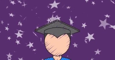 Süzülen yıldızın animasyonu, mor arka plan için tebrikler ve öğrenci. mezuniyet, okul ve kutlama konsepti dijital olarak oluşturulmuş video.