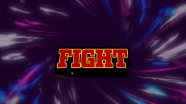 Koyu arkaplanda renkli hareket eden ışıklar üzerinde dövüş metninin animasyonu. Video oyunu, eğlence ve dijital arayüz kavramı dijital olarak oluşturuldu.