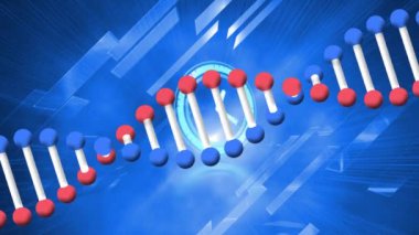 Siyah arkaplandaki mavi karelerin üzerinde DNA iplikçikleri ve hareket eden saatin animasyonu. küresel bağlantılar, teknoloji, veri işleme ve dijital arayüz konsepti dijital olarak oluşturulmuş video.