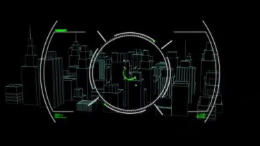 Tarama kapsamının 3 boyutlu şehir manzarası üzerinde animasyonu. küresel bağlantılar, veri işleme ve dijital arayüz konsepti dijital olarak oluşturulmuş video.