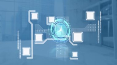 Tümleşik devre ve mavi arkaplan üzerinde hareket eden saatin animasyonu. zaman, iş, dijital arayüz ve teknoloji konsepti dijital olarak oluşturulmuş video.