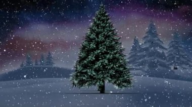 Köknar ağaçları ve kış manzarasının üzerine düşen kar animasyonu. Noel, gelenek ve kutlama konsepti dijital olarak oluşturuldu.