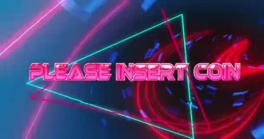 Lütfen hareket eden dijital tünelin üzerine bozuk para metni girin. Video oyunu, eğlence ve dijital arayüz kavramı dijital olarak oluşturuldu.
