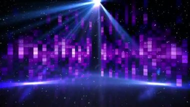 Beyaz parçacıklar düşüyor ve mor mozaik karelere karşı siyah zemin üzerinde ışık noktası var. Noel şenliği ve yeni yıl kutlaması konsepti