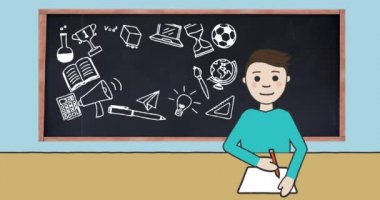 Okul çocuğunun mavi arka planda okul öğeleri simgeleriyle tahtaya not aldığı animasyon. okul, eğitim ve öğrenim konsepti dijital olarak oluşturulmuş video.