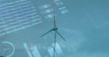 Rüzgar türbinleri üzerinde dönen istatistiklerin animasyonu. çevre, sürdürülebilirlik, ekoloji, yenilenebilir enerji, küresel ısınma kavramı dijital olarak oluşturulmuş video.