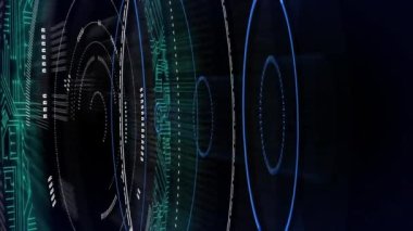 Siyah zemin üzerinde çoklu neon yuvarlak tarayıcılar üzerinden mikroişlemci bağlantıları. bilgisayar arayüzü ve teknoloji kavramı