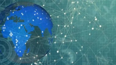 Bağlantı ağlarının ve mavi arkaplan üzerindeki dünyanın animasyonu. küresel bağlantılar, iletişim ve teknoloji konsepti dijital olarak oluşturulmuş video.
