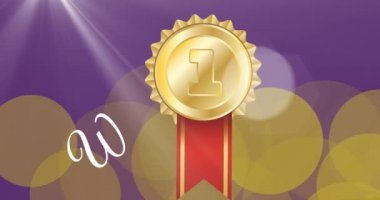 Yüzen altın noktaların animasyonu, birincilik madalyası ve mor arka planda başarılar. Zafer, şenlik ve kutlama konsepti dijital olarak oluşturulmuş video.