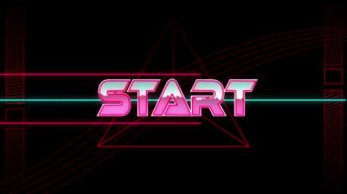 Siyah arkaplandaki ışık izleri üzerinden başlatılan metnin canlandırması. Video oyunu, eğlence ve dijital arayüz kavramı dijital olarak oluşturuldu.