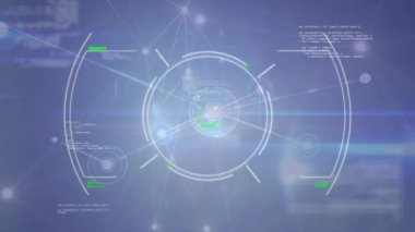 Koyu mavi arka planda hareket eden hedef ve veri işleme animasyonu. küresel ağlar, bağlantılar ve dijital arayüz konsepti dijital olarak oluşturulmuş video.
