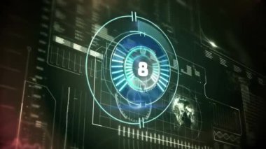 Siyah arkaplandaki veri işlemesi için geri sayımla birlikte tarama alanının animasyonu. küresel hesaplama, veri işleme, bağlantılar ve dijital arayüz konsepti dijital olarak oluşturulmuş video.